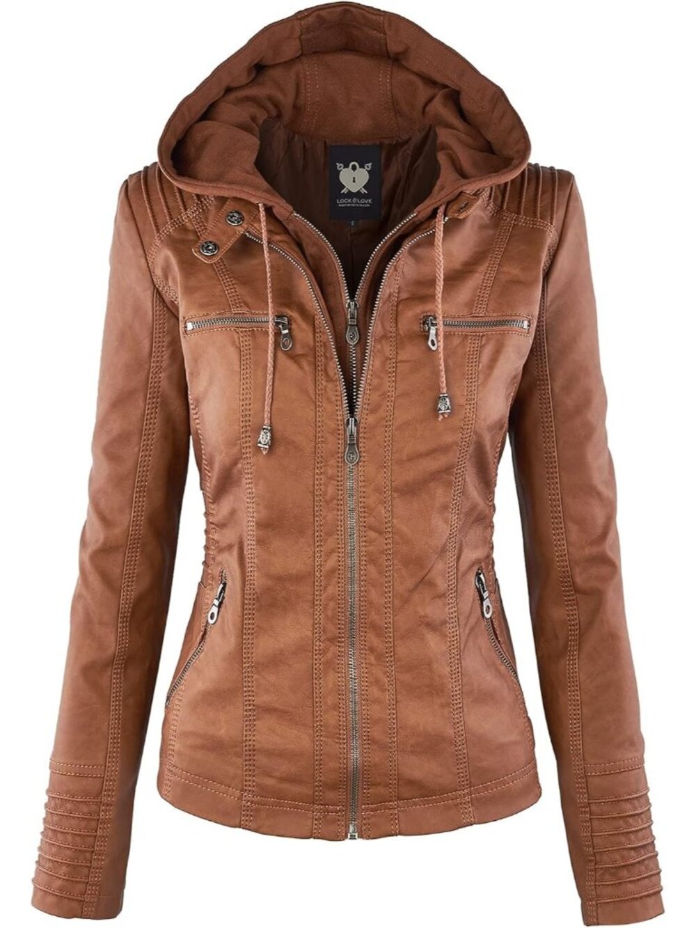Women's Dark Brown Faux Leather Removable Hoodie Zipper Quilted Moto Bike Jacket